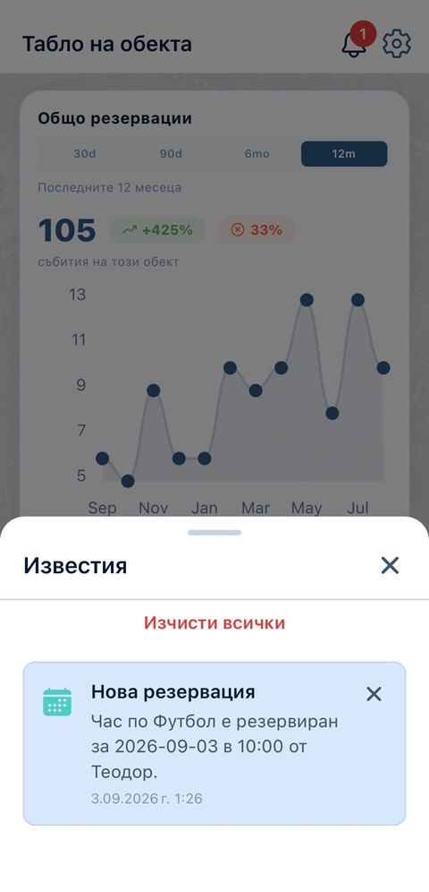 Venue notifications panel showing a new booking alert